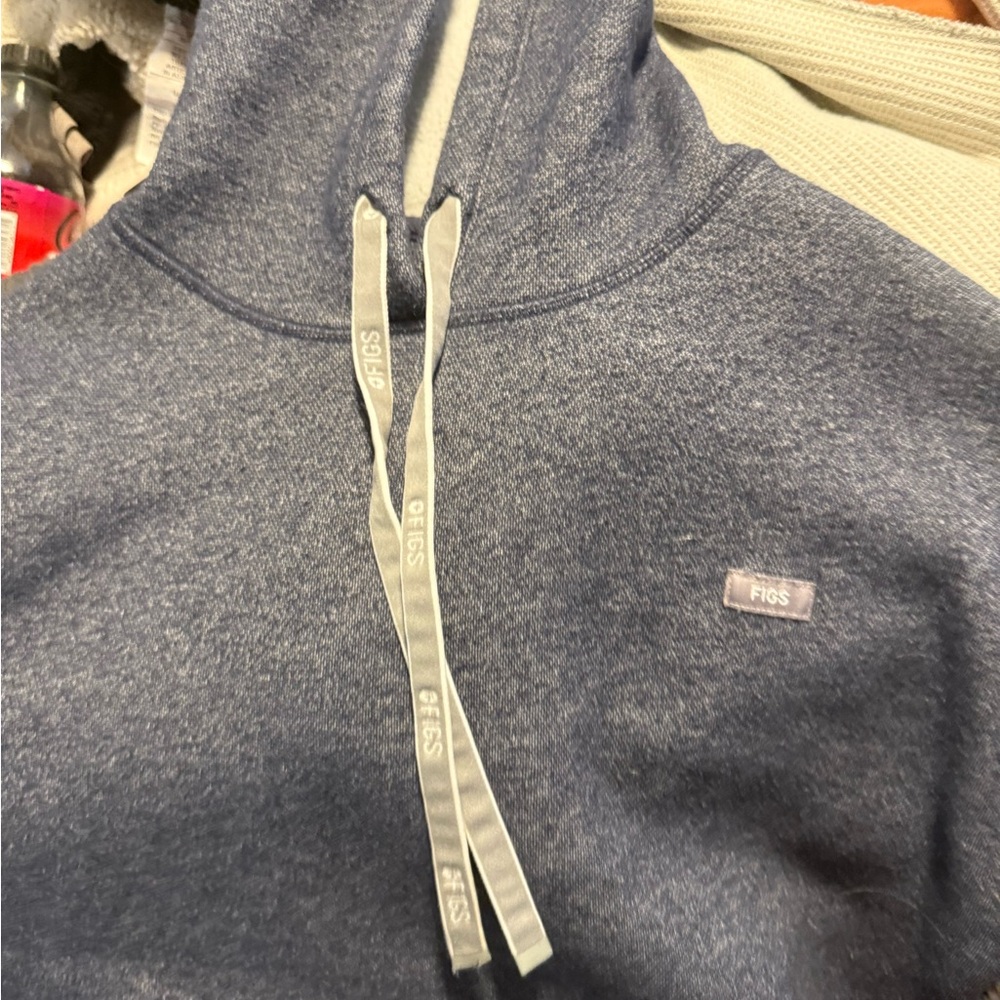 Figs Men's Heather Navy Crewneck Hoodie with Contrast Drawstrings